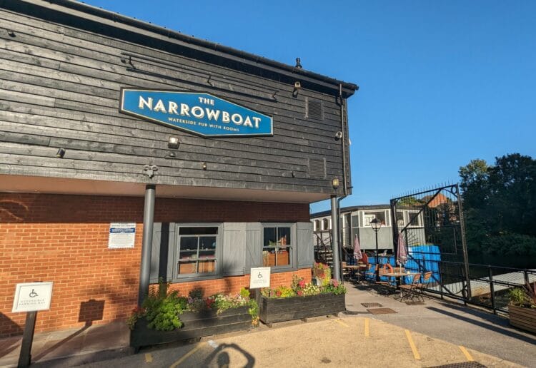The Narrowboat on the banks of the River Kennet, next to Blake's Lock.