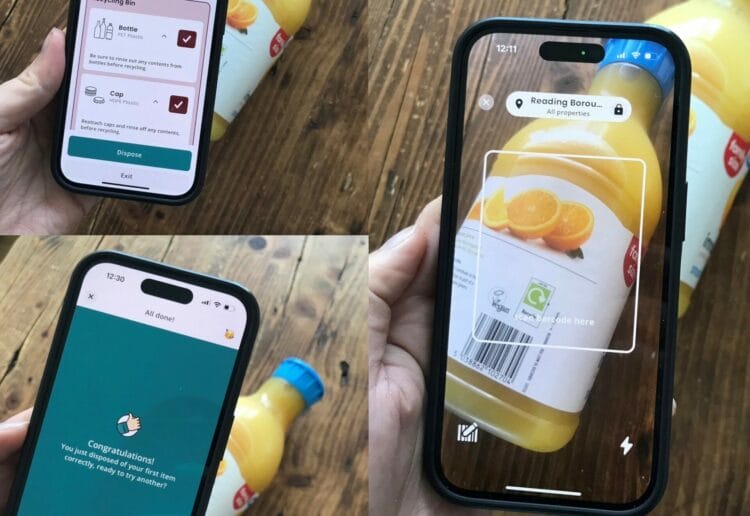 The app encourages users to search for recycling guidance.
