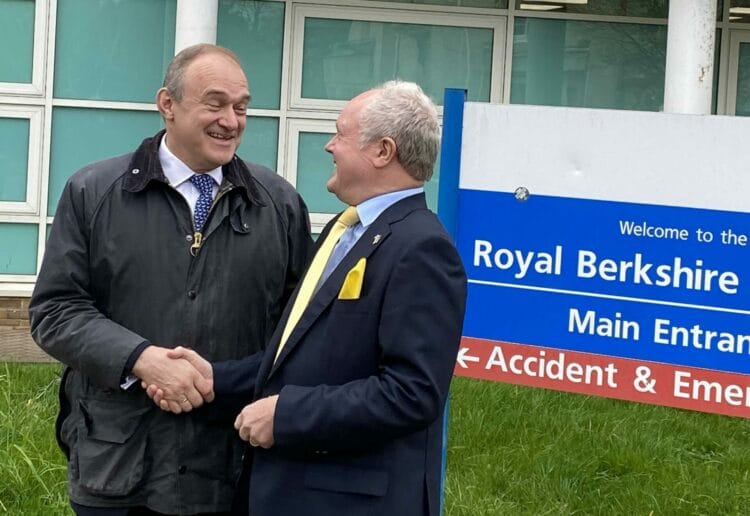 Sir Ed Davey with Liberal Democrat candidate for Wokingham Clive Jones outside the Royal Berkshire Hospital Picture: Phil Creighton