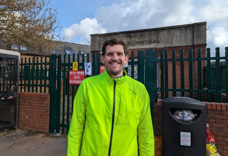 Redlands Ward Green party candidate Cllr Dave McElroy next to the Erleigh Road bottle bank
