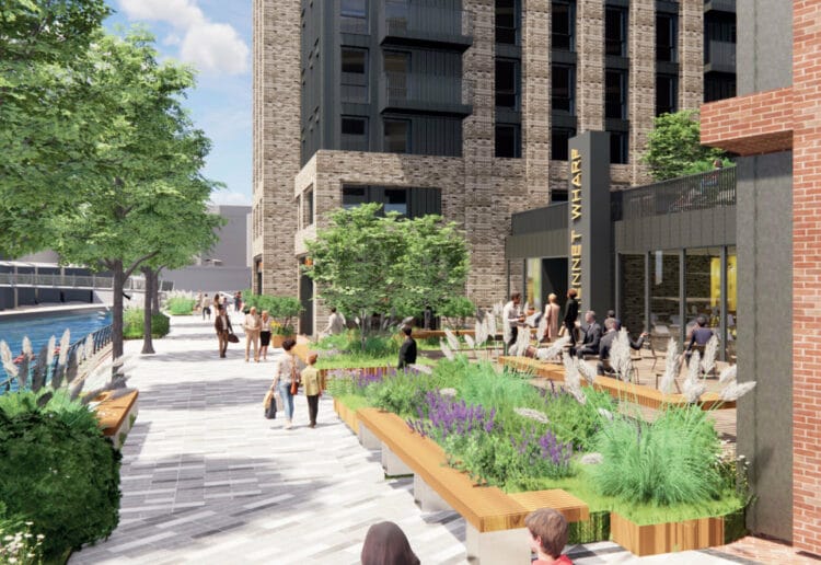 A revised CGI for the plan to build apartments at The Oracle in Reading. The CGI shows co-working and office space built at ground level of the towers proposed for the north of the river Picture: Hammerson
