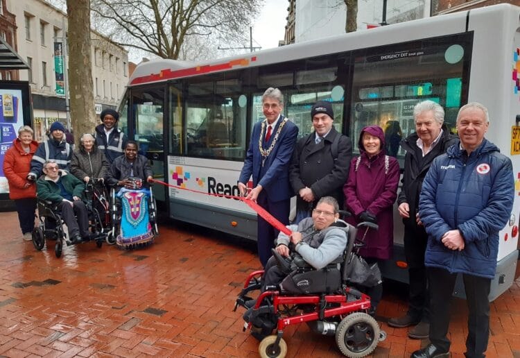 The mayor of Reading, Cllr Tony Page, celebrates the new look for ReadiBus