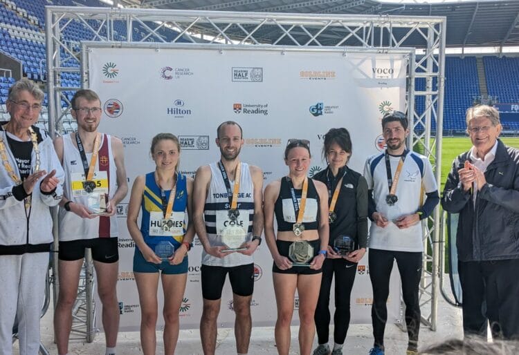 Reading Half Marathon awarded medals to those with the top three times in the Men's and Women's categories. From left: Cllr Tony Page, Tom Higgs, Rhian Hughes, Ben Cole, Kate Estlea-Morris, Cassie Thorpe, Tom Higgs, and Sir John Madejski. Picture: Jake Clothier