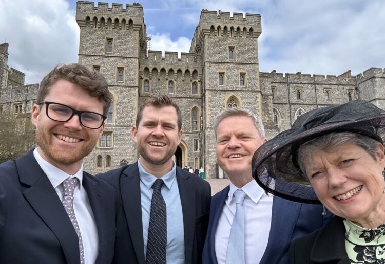 Professor Robert Van de Noort, The University of Reading?s Vice-Chancellor, with his family outside Windsor Castle where he was presented with a CBE from the Princess Royal