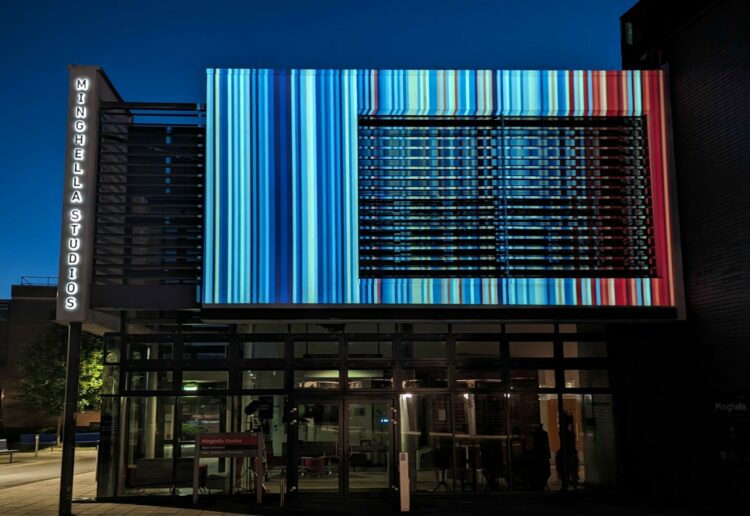 The Minghella Studios on the Whiteknights campus featured the climate stripes. Picture: University of Reading