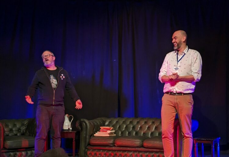 Robin Ince with Fourbears Books owner and festival organiser Alex Forbes at Progress Theatre. Picture: Jake Clothier
