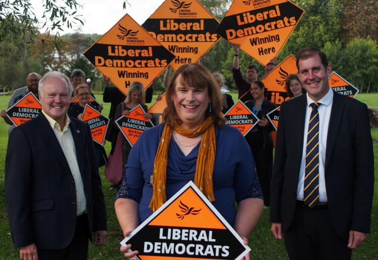Helen Belcher (centre) with fellow Lib Dem candidates Clive Jones and Lee Dillon