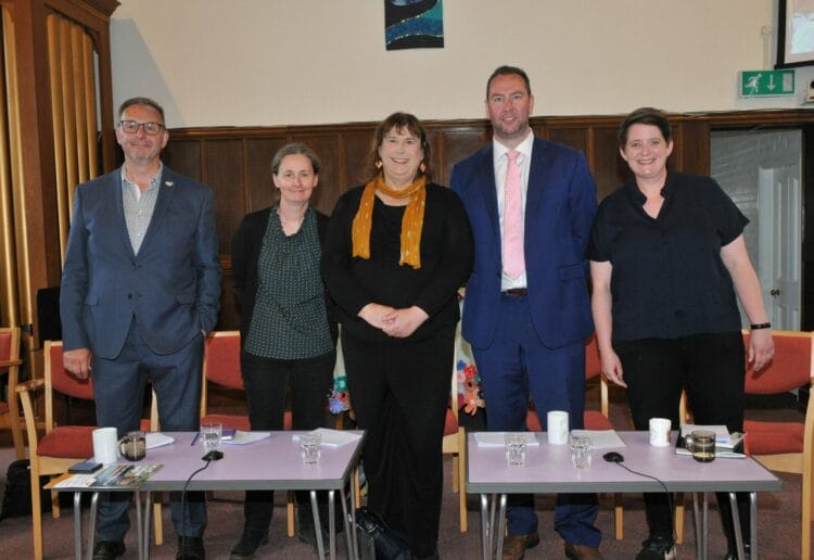 Churches Together in Reading Hustings at Tilehurst Methodist Church on Sunday ? Adrian Abbs (Independent), Carolyne Culver (Green Party), Helen Belcher (Liberal Democrats), Ross McKinnon (Conservative) and Liv Bailey (Labour).
Picture: Steve Smyth