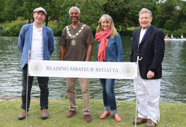 From left: Reading Amateur Regatta Chairman Nick Haskins with the mayor of Reading, Glenn Dennis, Cllr Karen Rowland, and the RAR President, Andrew Wilbey. Picture: Gareth Rollema, Reading Amateur Regatta