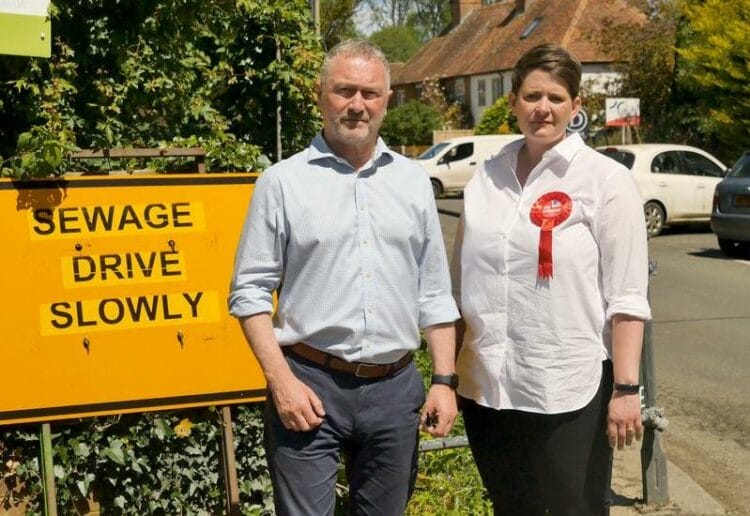 Labour's shadow environment minister Steve Reed tested water quality levels of the River Pang with Reading West and Mid Berkshire candidate Olivia Bailey Picture: Labour