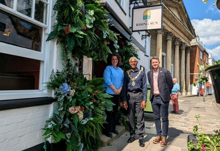 From left, Reading BID manager Alexa Volker, mayor of Reading Cllr Glenn Dennis, and Heartwood Collection CEO Richard Ferrier, at the opening of The Rising Sun. Picture: Jake Clothier