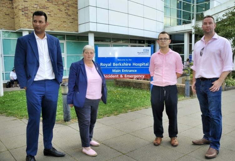 Pauline Jorgensen (second from left) the former Conservative candidate for the Earley and Woodley constituency, at the Royal Berkshire Hospital with fellow Conservatives Raj Singh, Jack Rankin (now MP for Windsor) and Ross Mackinnon.