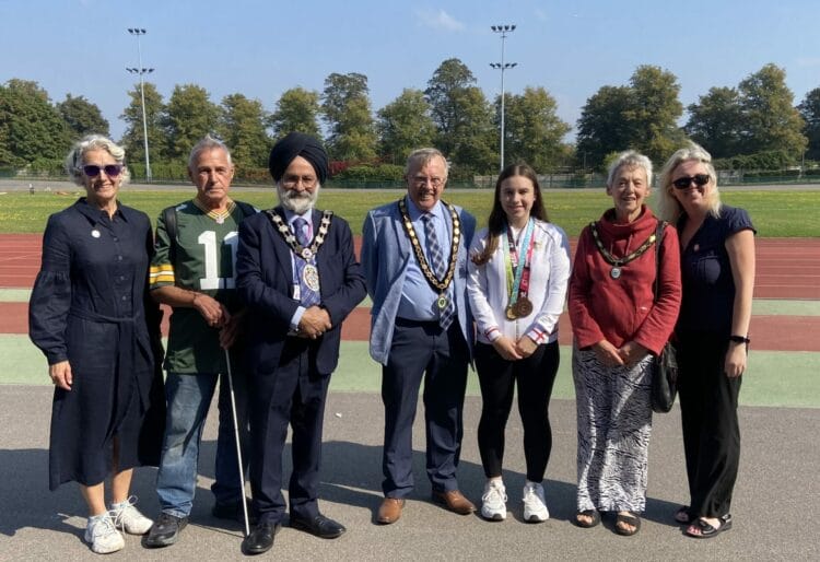 (From left) Jane Veys, Chair of Trustees at Berkshire Vision; Don Reed, Mayor of Slough; Deputy Town Mayor of Woodley Town Council David Bragg; Paratriathlete Katie Crowhurst; Deputy Town Mayor of Bracknell, Ellen Mac Hale; and Berkshire Vision's Laura Mitchell. Picture: Berkshire Vision