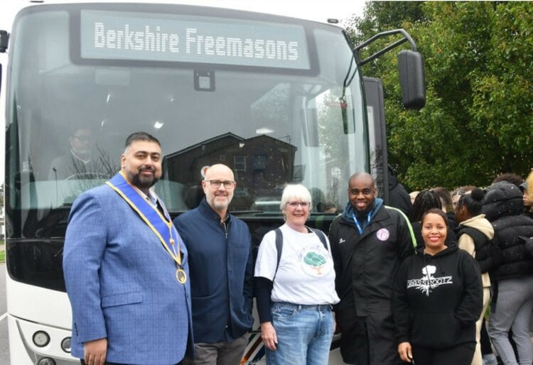 Berkshire Freemasons Charity Steward Mickey Labana; Deputy Leader of Berkshire Freemasons Mark Heppelthwaite; Reading Family Aid Outings Manager Vivienne Simpson; Grass Rootz Founder Kelvin Husbands; and Grass Rootz volunteer Annette Pascal.