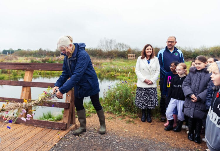 Professor Helen Bilton officially opens the meadow classroom at Shinfield St Mary's. Picture: The University of Reading