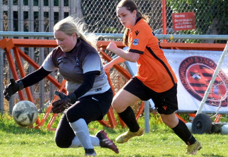 Wokingham Twn Ladies played some of their best football of the season despite losing 3-0 to Berks County. Pic: Andrew Batt.