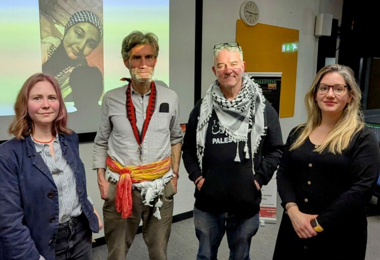 On Tuesday, March 25, Reading Poets' Cafe hosted an event with members of a peace march aimed at showing solidarity with Palestine and countering Islamophobia following recent events in Gaza. Pictured: (from left) Poets' Cafe's Katie Meeghan, playwright Peter Oswald, Hands Up Project's Nick Bilbrough, and Poets Cafe's Vic Pickup.