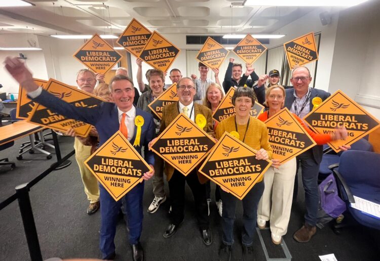 Liberal Democrats celebrating after the declaration earlier this morning. Pic: Andrew Batt.