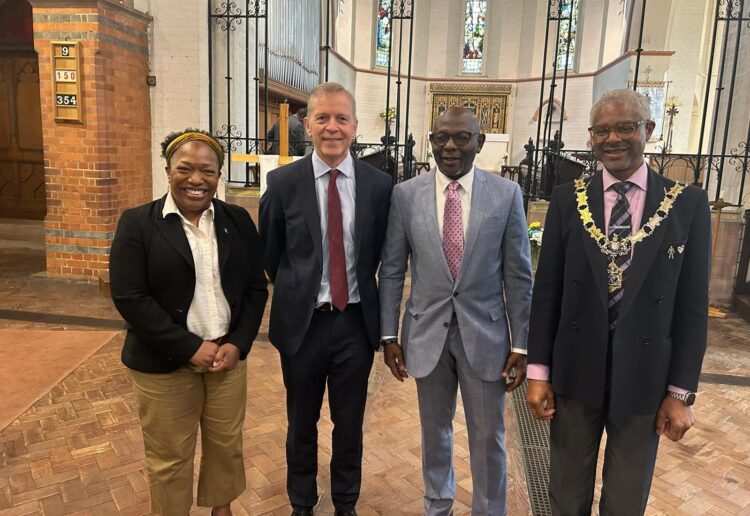 Councillor Wendy Griffith (Labour, Battle), Matt Rodda, the Labour MP for Reading Central, Mackie Holder Deputy High Commissioner, the Barbados High Commission, and Cllr Glenn Dennis, Mayor of Reading at the Heroes of Barbados event. Credit: Office o