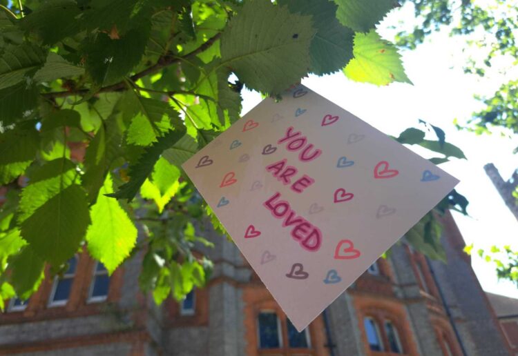 An affirmation note at The Rooted in Reading tree at the Reading Town Hall Square. Credit: Brighter Futures for Children