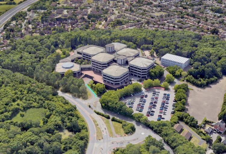 Aerial views of the Shire Hall office complex in Shinfield Park. Credit: Wrenbridge / Chetwoods