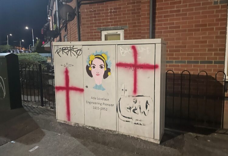 A utility box in Northumberland Avenue, Whitley, with the Ada Lovelace street art and two painted St Georges crosses. Credit: UGC