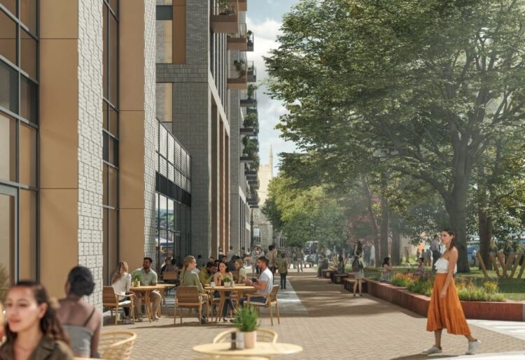 A CGI of improved public realm at Dusseldorf Way, which would be created alongside the project to add more than 600 flats to the Broad Street Mall in Reading. Credit: Opus Works.