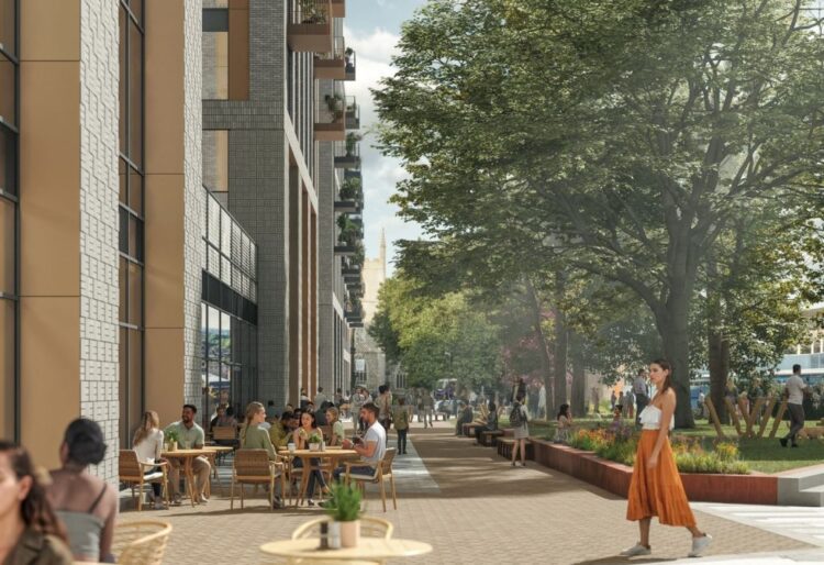 A CGI of improved public realm at Dusseldorf Way, which would be created alongside the project to add more than 600 flats to the Broad Street Mall in Reading. Credit: Opus Works