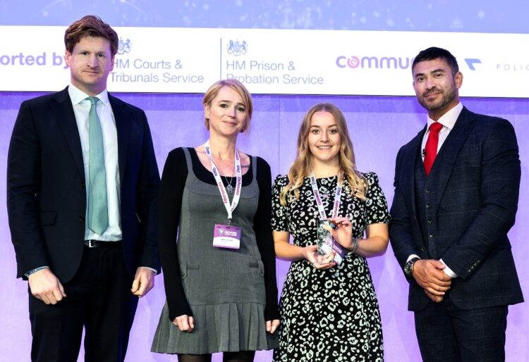 From left: Matthew Scott (Association of Police and Crime Commissioners); Sabina Cannell and Maisie Buffery (Alana House); Rav Wilding (Ceremony host). Picture: The Inspire Justice Awards