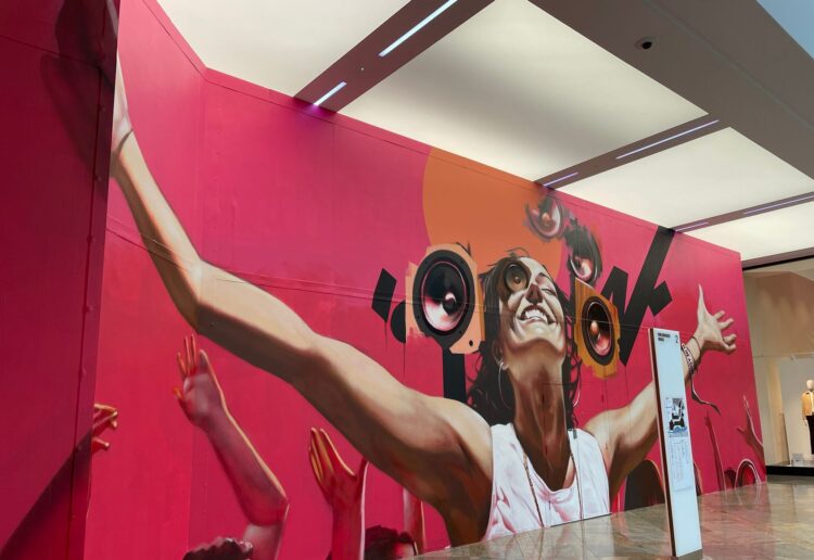 Artist Epod's work celebrating the euphoria of music at Reading Festival in the Upper Mall of The Oracle shopping centre. Credit: Local Democracy Reporting Service