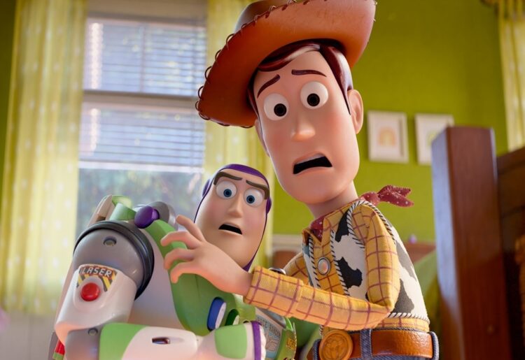 (L-R): Buzz Lightyear (voiced by Tim Allen) and Woody (voiced by Tom Hanks) in Disney and Pixar's TOY STORY 5. Photo courtesy of Disney/Pixar. © 2025 Disney/Pixar. All Rights Reserved.
