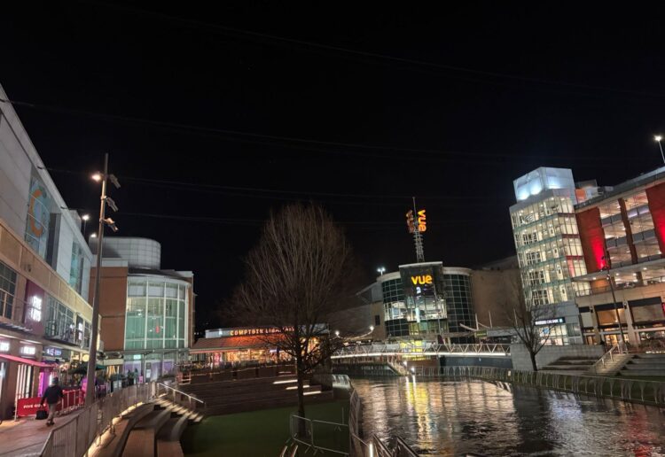 The Vue Cinema and the former Debenhams at The Oracle in Reading at night. Credit: James Aldridge, Local Democracy Reporting Service