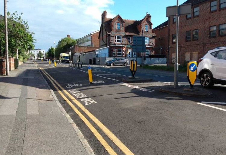 The cycle lane in Sidmouth Street, Reading. Barriers prevent cars from using the lane. Credit: James Aldridge, Local Democracy Reporting Service