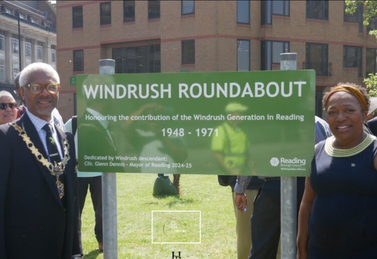 Councillor Glenn Dennis (Labour, Kentwood), the Mayor of Reading with fellow Labour cllr Wendy Griffith (Labour, Battle) at the Windrush Roundabout. Credit: Tyler Hinkson @ Trybe Organisation