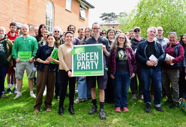 Carla Denyer, the Green Party MP for Bristol Central, with Green candidates, councillors and supporters in Reading town centre. Credit: Reading Green Party