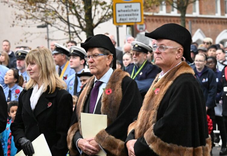 Sir John Madejski and Alderman Tony Jones at Remembrance Sunday in Reading. Credit: Mark Apcar Photography