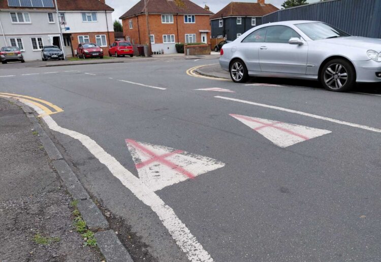 Speed bumps painted with St Georges crosses in Callington Road in Whitley. Credit: James Aldridge, Local Democracy Reporting Service
