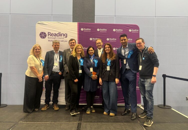 The Reading Central Conservatives, celebrating the wins for Alex Smith for Emmer Green, and Saadia Saadat and Isobel Ballsdon for Caversham Heights. Credit: James Aldridge, Local Democracy Reporting Service