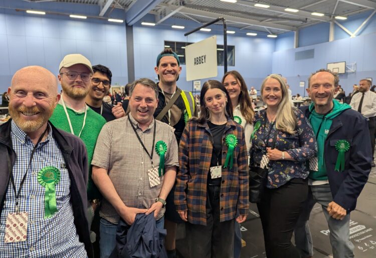 The Green Party at the Reading Borough Council election count 2026, they won six seats in total, with three gains from Labour and three holds. Credit: Reading Green Party