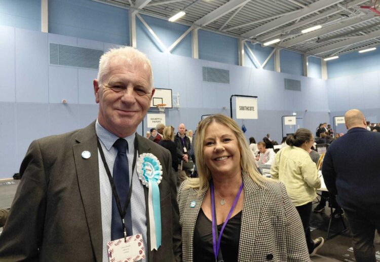 Clarence Mitchell, the Reform UK councillor for Emmer Green ward, with his wife. He lost his seat to Conservative challenger Alex Smith. Credit: James Aldridge, Local Democracy Reporting Service