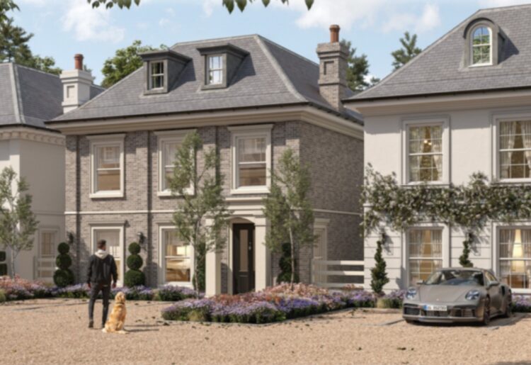 A sketch of the five homes, with a Porsche parked outside one of them, for a plan to replace a bungalow off Bath Road in Southcote. Credit: Dusek Design Associates