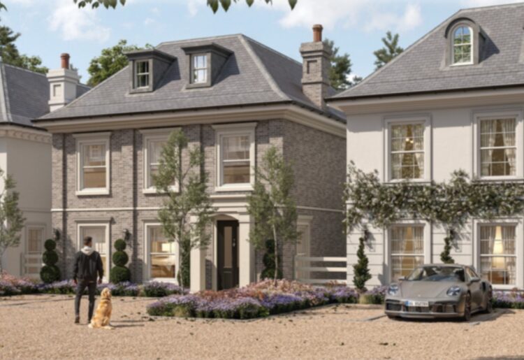 A sketch of the five homes, with a Porsche parked outside one of them, for a plan to replace a bungalow off Bath Road in Southcote. Credit: Dusek Design Associates