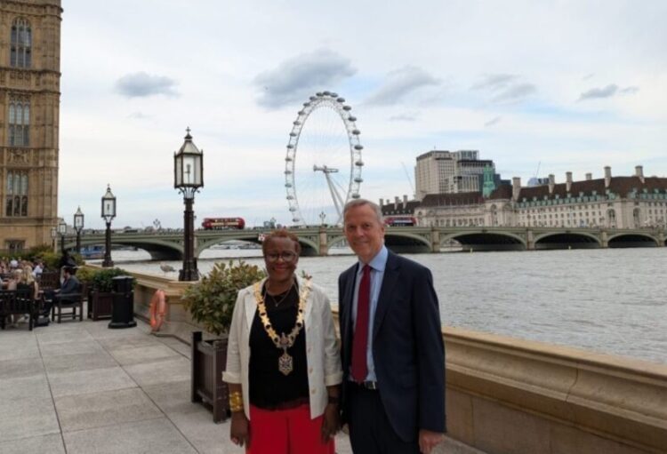 Councillor Alice Mpofu-Coles, the Mayor of Reading, with Matt Rodda, Labour MP for Reading Central during a visit to Parliament for the Lets Celebrate Towns awards. Credit: Office of Matt Rodda MP