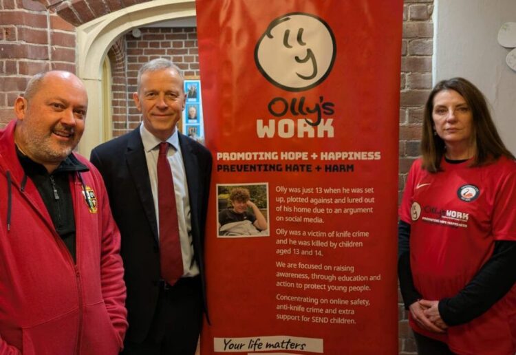 Stuart and Amanda Stephens, the parents of Olly, who was murdered age 13 in Caversham, with Matt Rodda, the Labour MP for Reading Central. They have set up Olly's Trust in his memory. Credit: Stephens family