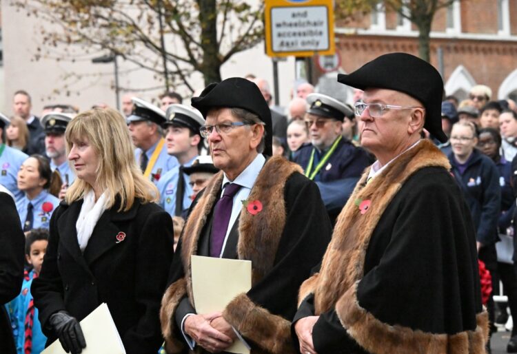 Sir John Madejski and Alderman Tony Jones at Remembrance Sunday in Reading. Credit: Mark Apcar Photography