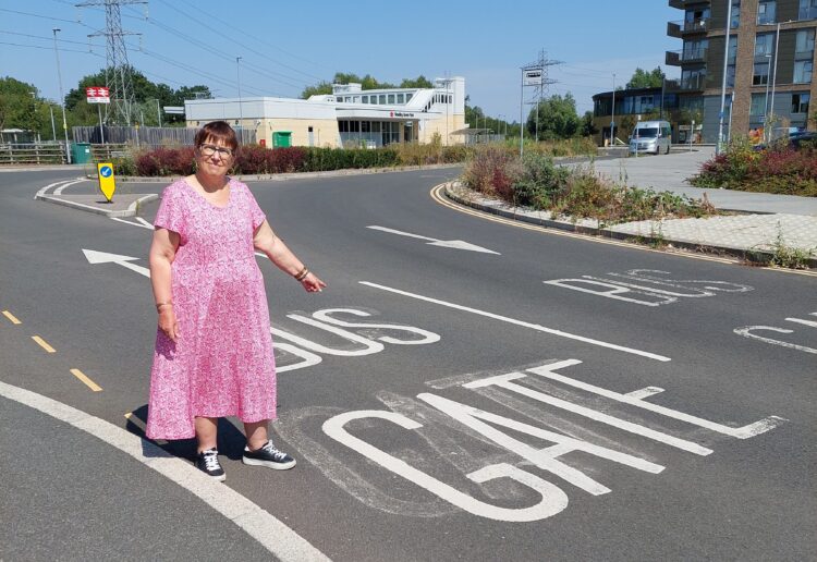 Councillor Anne Thompson (Liberal Democrats, Tilehurst) at Reading Green Park Station. She has pointed out the bus gate has been responsible for 6,113 PCN fines in less than two years. Credit: Reading Liberal Democrats