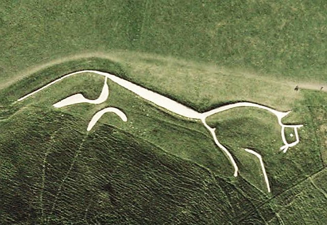 An aerial image of the Uffington White Horse in the Vale of White Horse, Oxfordshire. Credit: USGS, Public domain, via Wikimedia Commons