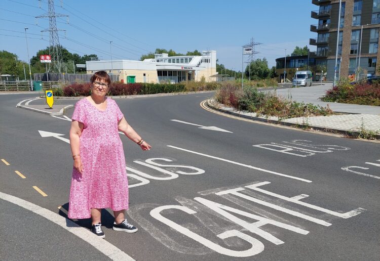 Councillor Anne Thompson (Liberal Democrats, Tilehurst) at Reading Green Park Station. She has pointed out the bus gate has been responsible for 6,113 PCN fines in less than two years. Credit: Reading Liberal Democrats