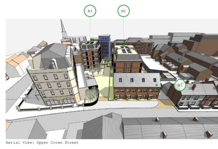 The building plan for two proposed apartment buildings and terraced houses in Upper Crown Street near Reading town centre. Credit: Colony Architects