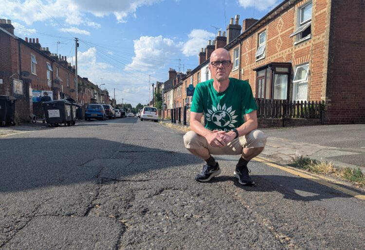 Councillor Josh Williams (Green, Park), has voiced frustration for having to wait years for Cumberland Road in East Reading to be resurfaced. Credit: Reading Green Party